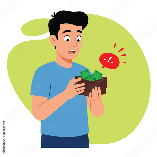 A cartoon man with black hair, wearing a blue t-shirt, holds an open brown wallet with a few green dollar bills, displaying a shocked expression
