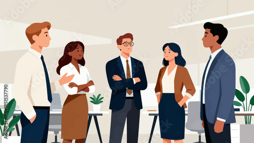 A group of people are standing in a room, some of them wearing ties. They are all looking at each other, and it seems like they are having a meeting or discussing something important