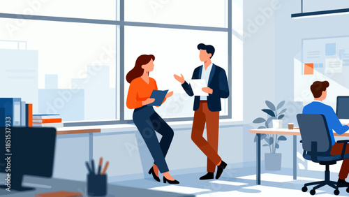 A man and a woman are talking in a cubicle. The woman is holding a book. The man is wearing a suit