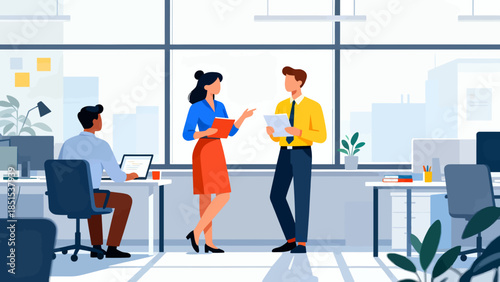 A group of people are in a cubicle with a woman in a red skirt talking to a man in a yellow shirt