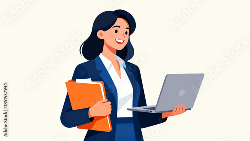 A woman is holding a laptop and a folder. She is smiling and she is happy. Concept of productivity and success, as the woman is likely working on something important