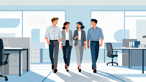 A group of four people are walking in a business setting. Scene is professional and collaborative