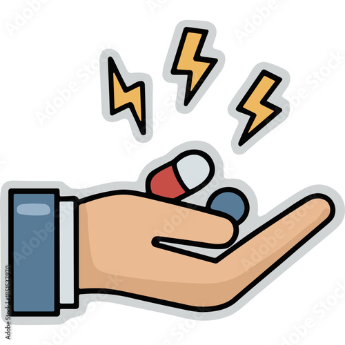 Hand with Pills and Lightning Bolts Icon