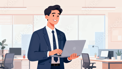 A man in a suit is smiling and holding a laptop. Concept of professionalism and productivity