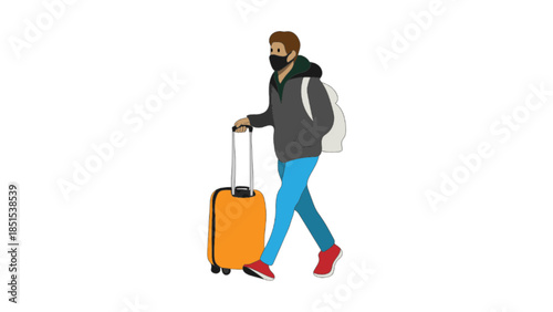 A man who is about to leave carrying a suitcase wearing a mask