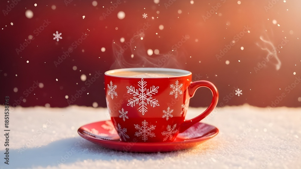 Fototapeta premium Cozy winter morning with snowflakes and hot beverage in red cup