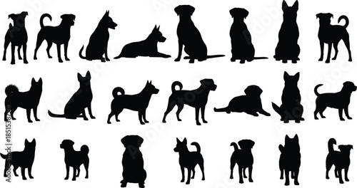 Collection of various dog silhouettes featuring various breeds in standing, sitting, and lying poses for pet care, veterinary, and animal lover design concepts