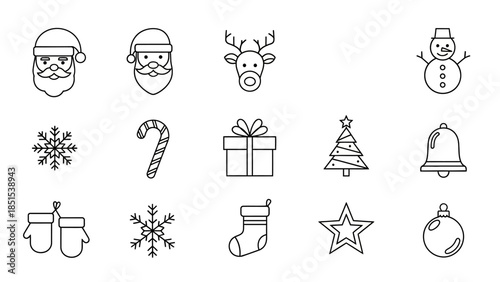 Christmas icons set featuring Santa Claus reindeer snowman candy cane gift tree bell snowflakes mittens stocking star bauble, festive symbols