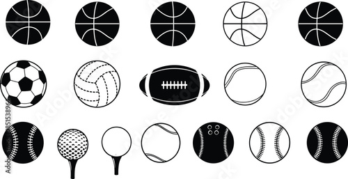Vector collection of sports ball icons including football, basketball, soccer, baseball, tennis, and golf equipment for athletic competition and fitness game design