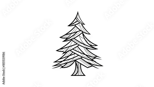Stylized line art drawing of a coniferous evergreen tree with layered branches and textured trunk, decorative forest plant for winter and nature themes