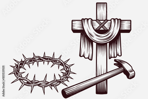 Woodcut Style Illustration of Christian Passion Symbols Cross, Thorns, Hammer
