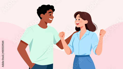 A man and a woman are holding hands and smiling. The man is wearing a green shirt and the woman is wearing a blue shirt. Concept of happiness and affection between the two people
