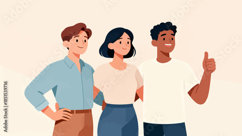 Three people are standing together and one of them is giving a thumbs up. Concept of positivity and camaraderie among the group