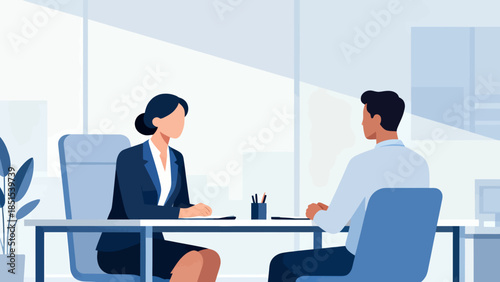 A woman and a man are sitting at a table in a business setting. The woman is dressed in a suit and the man is wearing a white shirt. They are both looking at a piece of paper on the table