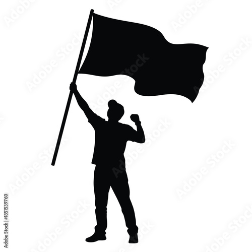 Silhouette of person holding a black flag with raised fist and arm vector