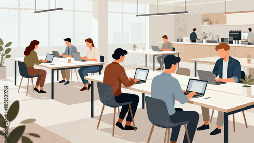A group of people are working in an office. There are several people sitting at desks with laptops, and a few people are standing. The office has a modern and professional feel