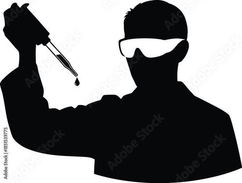 Silhouette of scientist in lab coat and goggles holding dropper with liquid drop laboratory research