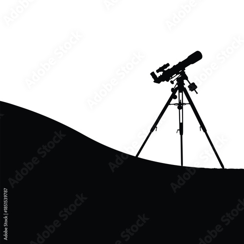 Silhouette of telescope on tripod against white background with dark hill astronomy science