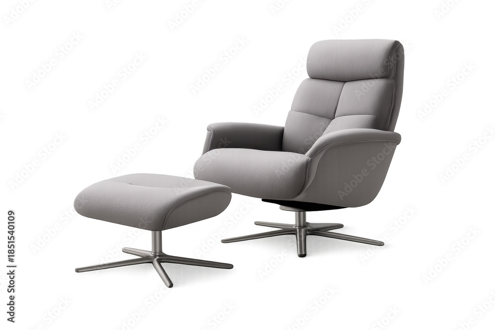 Naklejka premium Modern gray lounge chair with ottoman providing comfort and relaxation, featuring a swivel base and contemporary design