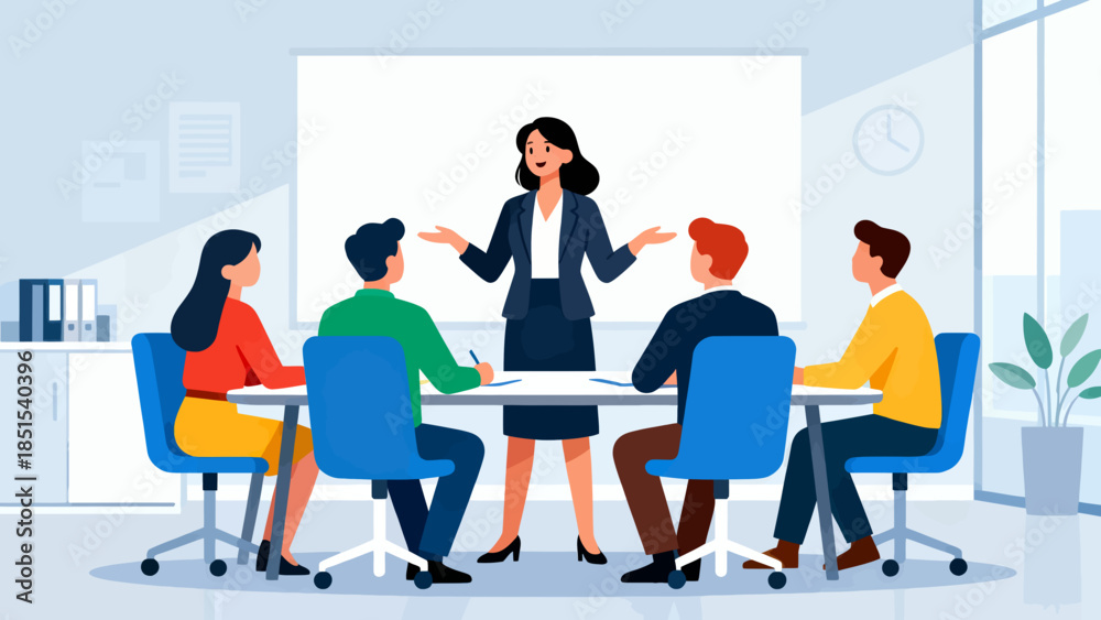 Obraz premium A woman is standing in front of a group of people in a meeting room. The woman is wearing a suit and is giving a presentation. The people in the room are seated in chairs