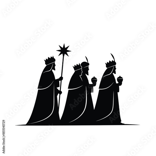 Three kings silhouette walking with star and gifts on white background vector