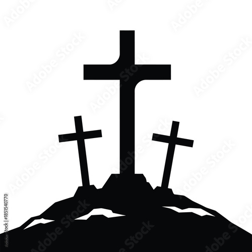 Three black crosses on a rocky hill against a white background christianity religion