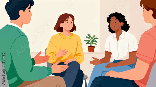 A group of people are sitting together in a room. One of the people is wearing a yellow sweater