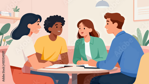 A group of people are sitting around a table with books and a laptop. They are smiling and seem to be enjoying each other's company. Scene is friendly and relaxed
