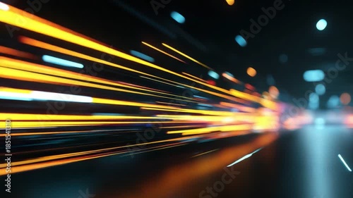 Abstract motion blur effect showcasing vibrant light streaks. Perfect for conveying speed, dynamics, and modernity in various technology and transport contexts.