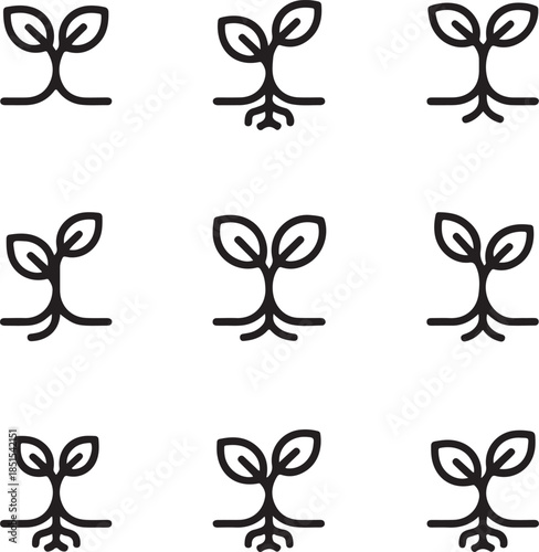Seedling and Root Icon Set Featuring Sprouting Plants, Growth Stages, and Minimal Botanical Symbols in Black Vector Line Style
