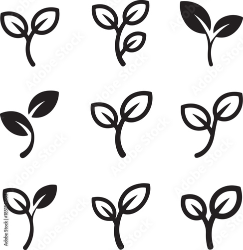 Minimal Seedling and Sprout Icon Set Featuring Young Leaves, Plant Growth Symbols, and Simple Botanical Shapes in Black Vector Style
