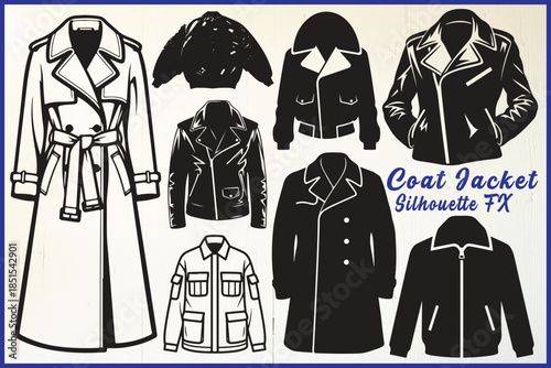 Collection of various coat jacket silhouettes in black and white