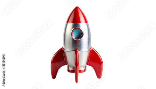 Single Vintage-Style Tin Toy Rocket Ship Painted in Red and Silver, Retro Space Toy, Isolated on Transparent Background PNG
