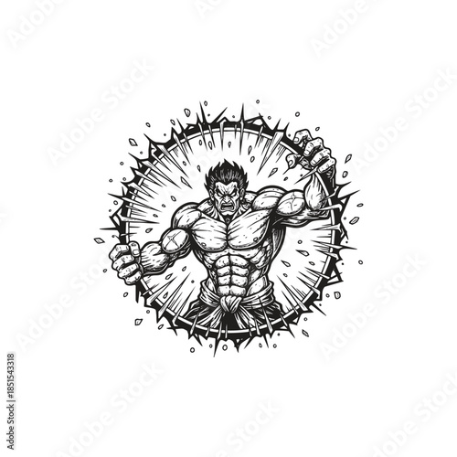 Powerful vintage etching of the Japanese storm god Susanoo breaking through a circular barrier with immense physical strength and divine fury