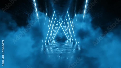 An immersive, futuristic journey through a dark, smoke-filled corridor illuminated by vibrant blue neon lights. Dynamic geometric patterns form a converging tunnel effect, creating a sense of speed, m