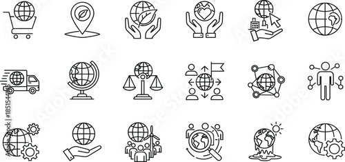 Global business and environmental sustainability line icons set featuring world logistics, eco energy, and digital network symbols.