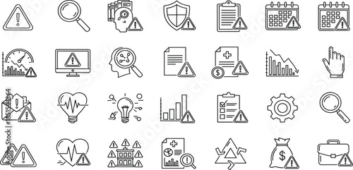 Collection of linear icons for risk management, safety warning, health hazard, financial alert, speed performance decline, and important audit document line art.