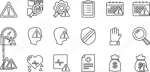 Collection of linear icons for risk management, safety warning, health hazard, financial alert, speed performance decline, and important audit document line art.