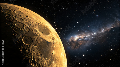 A dramatic closeup view of a heavily cratered moon surface partially illuminated against the deep blackness of space featuring a distant spiral galaxy