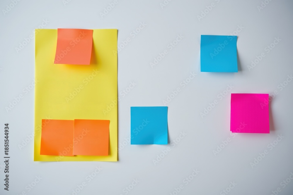 Fototapeta premium Colorful sticky notes on a white background are on the left, with space for text on the right. The photo was taken under spotlight lighting.
