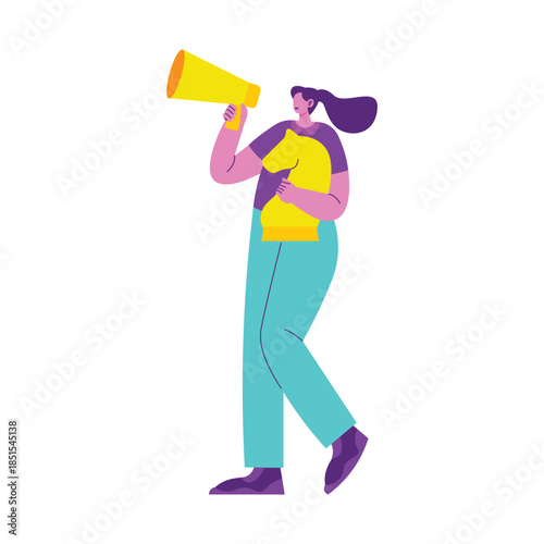 Female character with megaphone and clipboard.