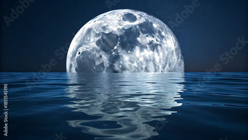 Giant luminous full moon rising over a dark ocean surface with water reflection under a starry night sky