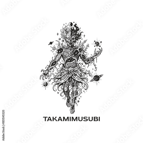 Surreal vintage etching of the Japanese creator deity Takamimusubi, a cosmic entity with celestial bodies and galaxies integrated into a decaying spiritual form