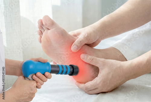Shockwave therapy treatment on foot sole for plantar fasciitis pain relief during physiotherapy session, healthcare and rehabilitation concept for medical advertising