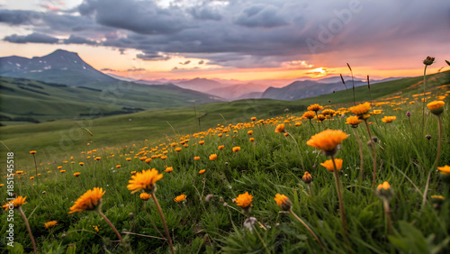 Vibrant yellow dandelion field blooming on a lush green mountain slope at sunset with dramatic cloudy sky and distant peak