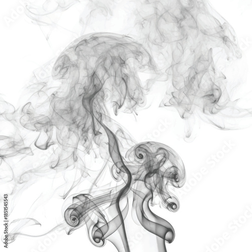 Wispy grey smoke swirls and curls against a white background