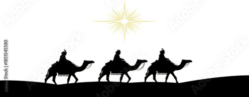 Silhouette Three Kings on Camels with Bethlehem Star – Nativity Epiphany Desert Scene Vector