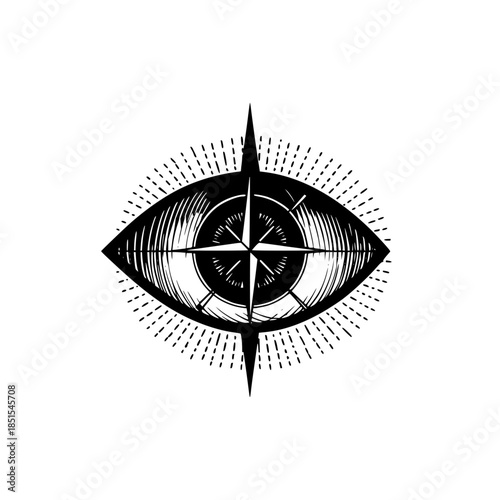 Stylized eye with compass rose pupil and radiating lines in black and white ink drawing style illustration