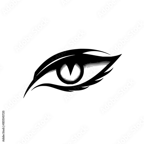 Stylized eye with feather like lashes and brow in black and white vector illustration design art is shown