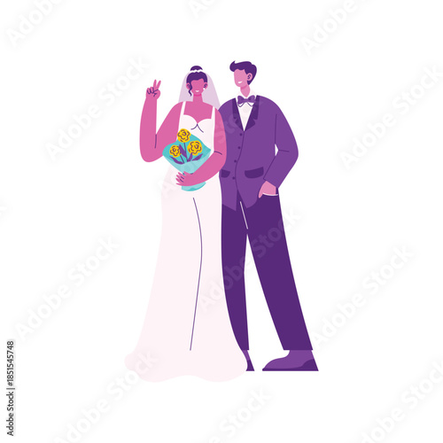 Illustrated Bride And Groom Standing Together Holding Bouquet.